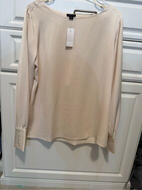 Ann Taylor Light Cream Textured Long Sleeve Top